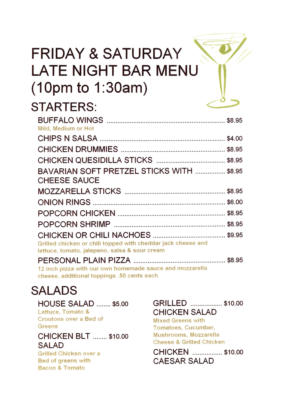 Late Night Bar Menu